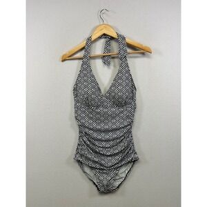 L.L.Bean Geometric Ruched Halter One Piece Womens 12 Navy White Swimsuit